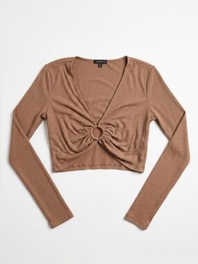 Dynamite Ribbed Caramel Brown O-Ring Long Sleeve Crop Top Women’s Medium